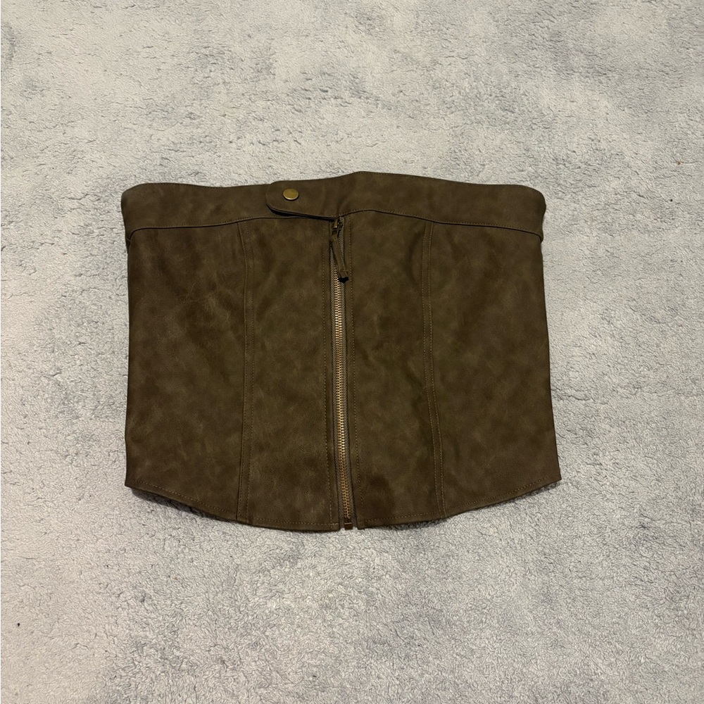 Edikted Olive Brown Faux Suede High-Waist Mini Skirt with Front Zip